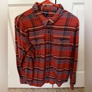 Patagonia Women’s Rust Orange and Organic Blue Plaid Flannel Button Down Shirt